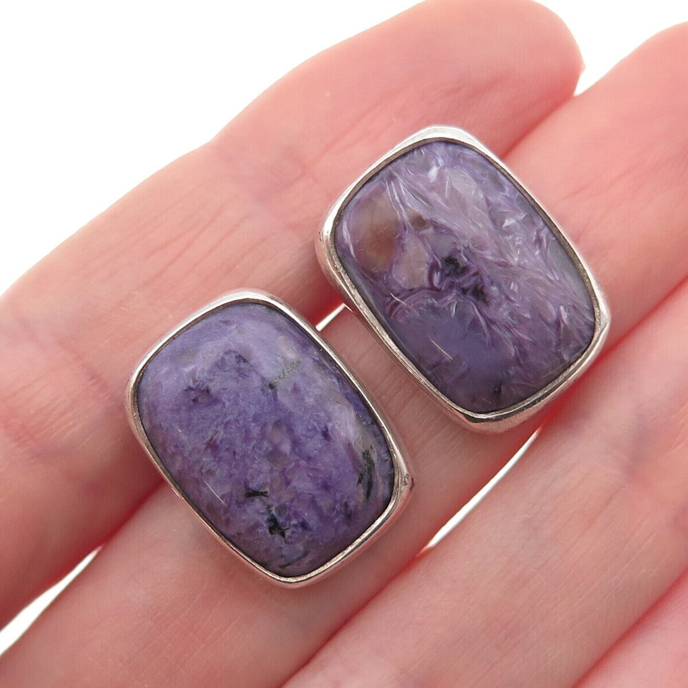 925 Sterling Silver Vintage Real Cabochon Charoite Modernist Earrings